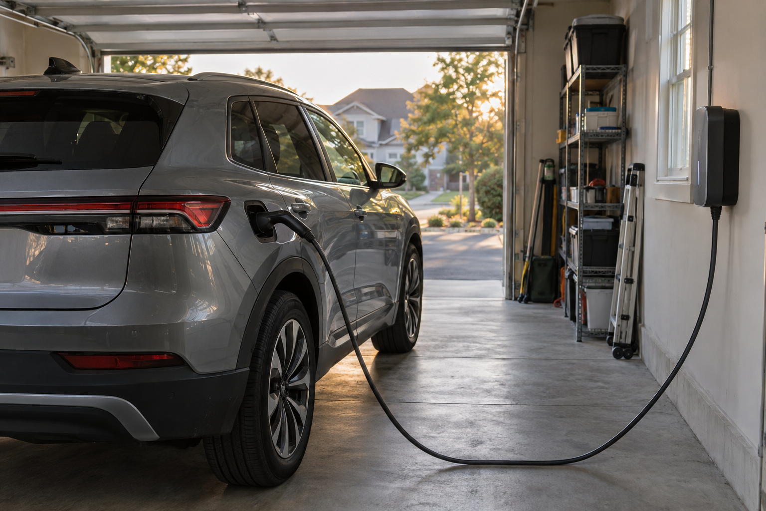 Electric vehicle charging inside a home garage at dusk