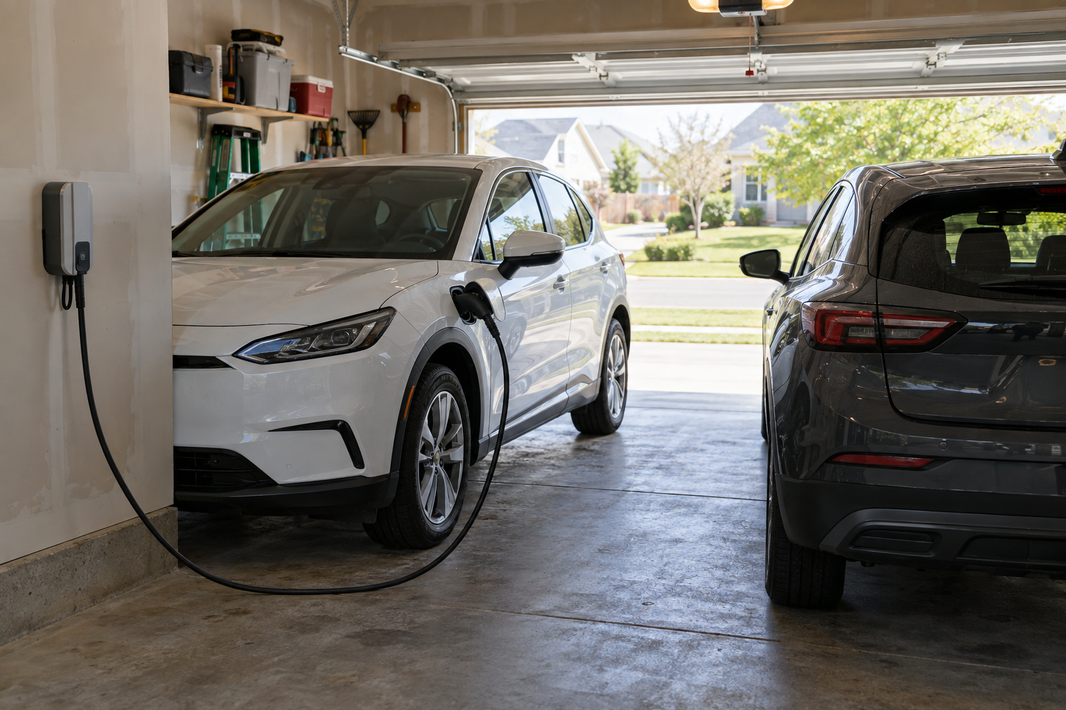 Two electric vehicles parked at a home with one charging location